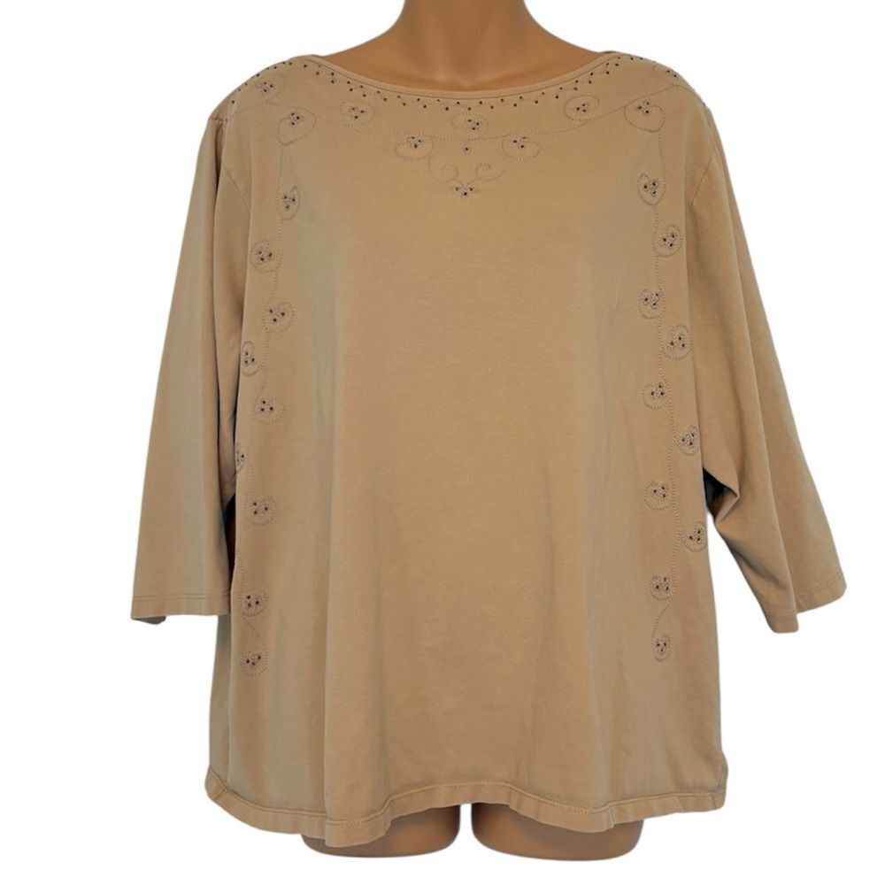 Vtg Village Sport Liz Claiborne Beaded 3/4 sleeve tee tan bohemian Women's 3